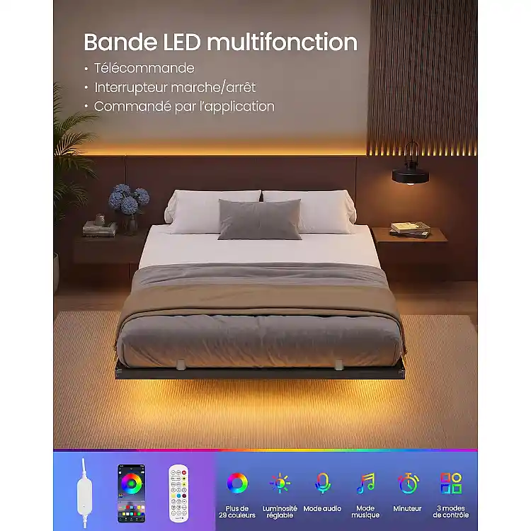 VASAGLE Αιωρούμενο κρεβάτι 140 x 190 εκ. με LED, σταθμό φόρτισης, 2 πρίζες AC, θύρα Type-C, 2 θύρες USB-A, αντοχή έως 500 κιλά RMB173B101