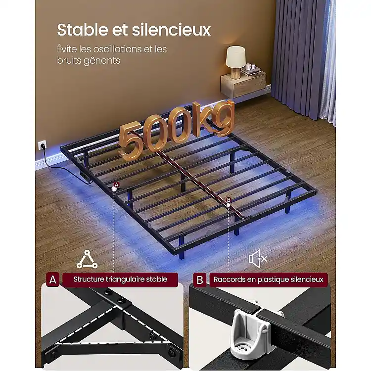 VASAGLE Αιωρούμενο κρεβάτι 140 x 190 εκ. με LED, σταθμό φόρτισης, 2 πρίζες AC, θύρα Type-C, 2 θύρες USB-A, αντοχή έως 500 κιλά RMB173B101