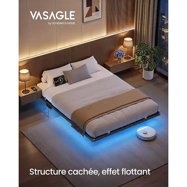 VASAGLE Αιωρούμενο κρεβάτι 140 x 190 εκ. με LED, σταθμό φόρτισης, 2 πρίζες AC, θύρα Type-C, 2 θύρες USB-A, αντοχή έως 500 κιλά RMB173B101