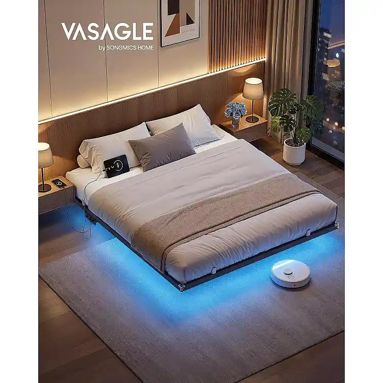 VASAGLE Κρεβάτι με αιωρούμενη βάση από ατσάλι, LED φωτισμό, πρίζες AC και θύρες USB, 200 x 160 x 26 εκ., ματ μαύρο, CONNER RMB175B101