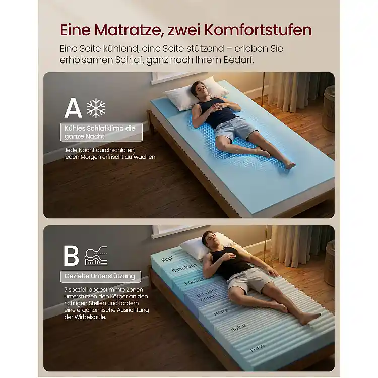 VASAGLE Στρώμα Μονό Gel Memory Foam 90 x 200 εκ., H3, 7 Ζωνών Στήριξης, 16 εκ. RMZ112W101