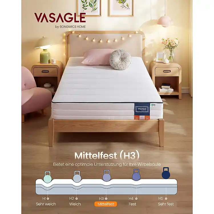 VASAGLE Στρώμα Μονό Gel Memory Foam 90 x 200 εκ., H3, 7 Ζωνών Στήριξης, 16 εκ. RMZ112W101