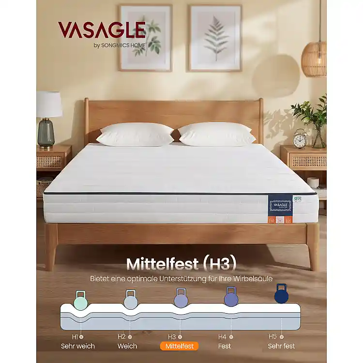 VASAGLE Στρώμα Διπλό 140x200 εκ. Gel Memory Foam, Μέτρια Σκληρότητα H3, 7 Ζωνών, με Αφαιρούμενο Πλενόμενο Κάλυμμα, 16 εκ., Λευκό 200x140x16cm RMZ114W101