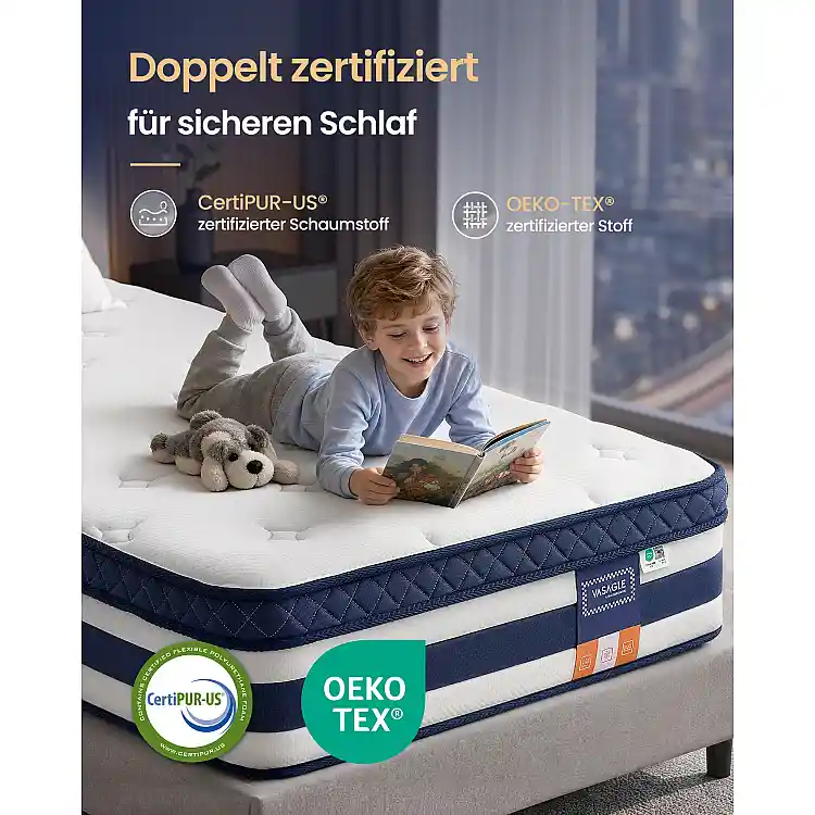 VASAGLE Στρώμα Gel Memory Foam με Pocket Springs 90 x 200 x 25 cm, Μέτρια Σκληρότητα (H3), 7 Ζωνών, Μπλε RMZ232Q101