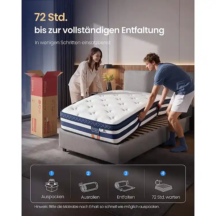 VASAGLE Στρώμα Gel Memory Foam με Pocket Springs 90 x 200 x 25 cm, Μέτρια Σκληρότητα (H3), 7 Ζωνών, Μπλε RMZ232Q101