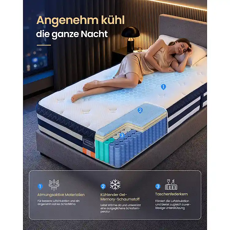 VASAGLE Στρώμα Gel Memory Foam με Pocket Springs 90 x 200 x 25 cm, Μέτρια Σκληρότητα (H3), 7 Ζωνών, Μπλε RMZ232Q101