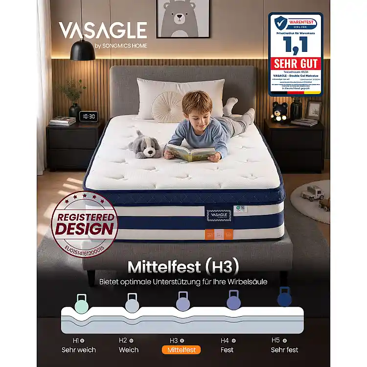 VASAGLE Στρώμα Gel Memory Foam με Pocket Springs 90 x 200 x 25 cm, Μέτρια Σκληρότητα (H3), 7 Ζωνών, Μπλε RMZ232Q101