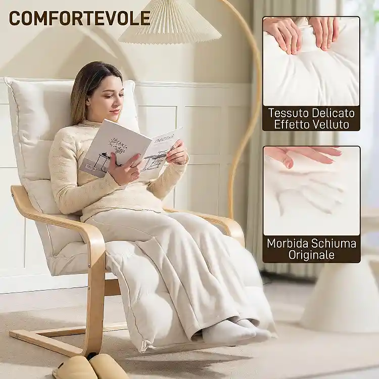 HOMCOM Πολυθρόνα Relax με Ξύλινο Σκελετό, Βελούδινη Επένδυση και Ρυθμιζόμενο Υποπόδιο, Κρεμ 83B-278V00CW