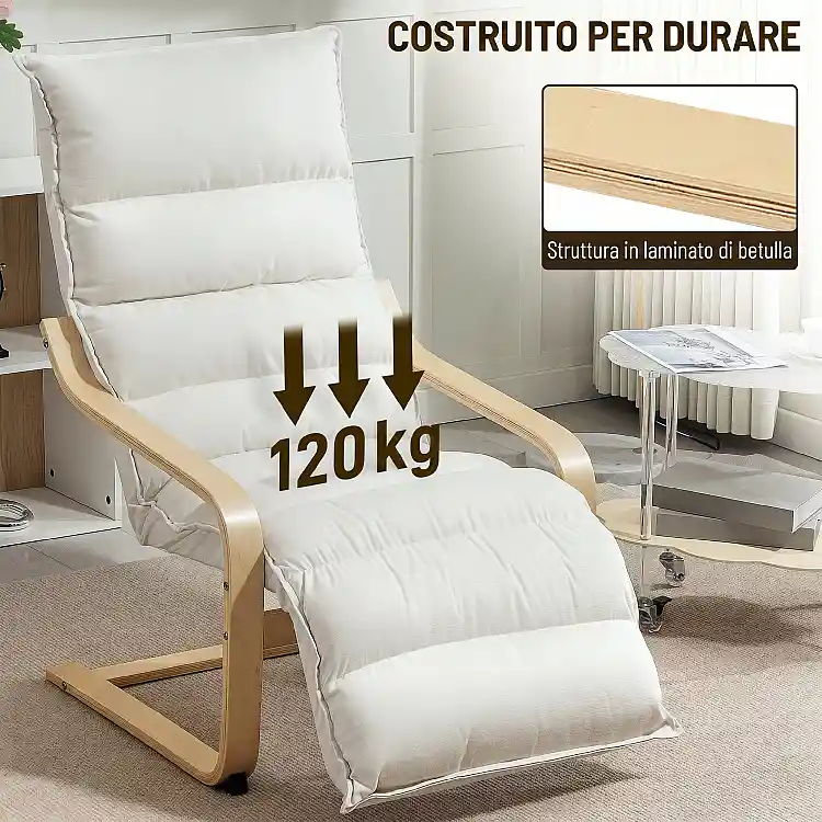 HOMCOM Πολυθρόνα Relax με Ξύλινο Σκελετό, Βελούδινη Επένδυση και Ρυθμιζόμενο Υποπόδιο, Κρεμ 83B-278V00CW
