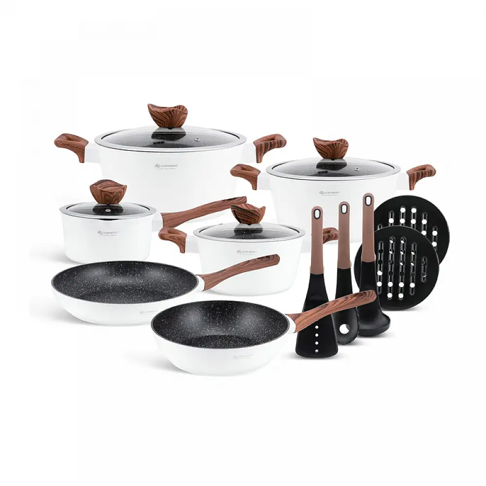 Σετ Μαγειρικών Σκευών με Αντικολλητική Κεραμική Μαρμάρινη Επίστρωση 15 τμχ Χρώματος Λευκό Edenberg EB-5622