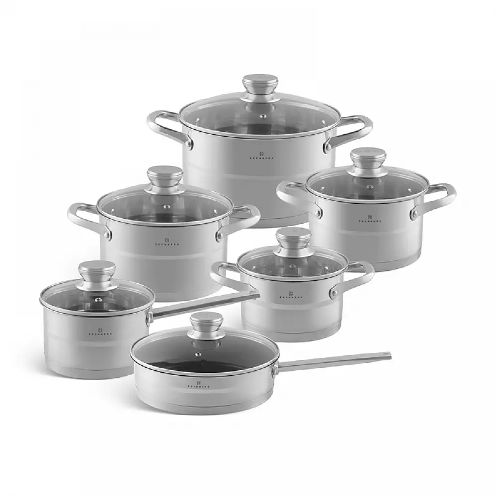 Σετ Μαγειρικών Σκευών από Ανοξείδωτο Ατσάλι με Γυάλινα Καπάκια 12 τμχ Edenberg EB-2401