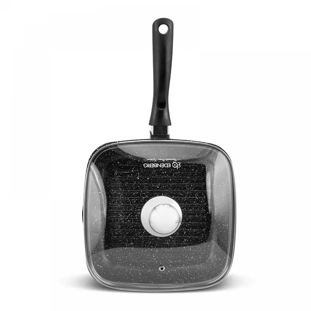 Αντικολλητικό Τηγάνι - Γκριλ 24 cm με Κεραμική Μαρμάρινη Επίστρωση και Γυάλινο Καπάκι Edenberg EB-8136