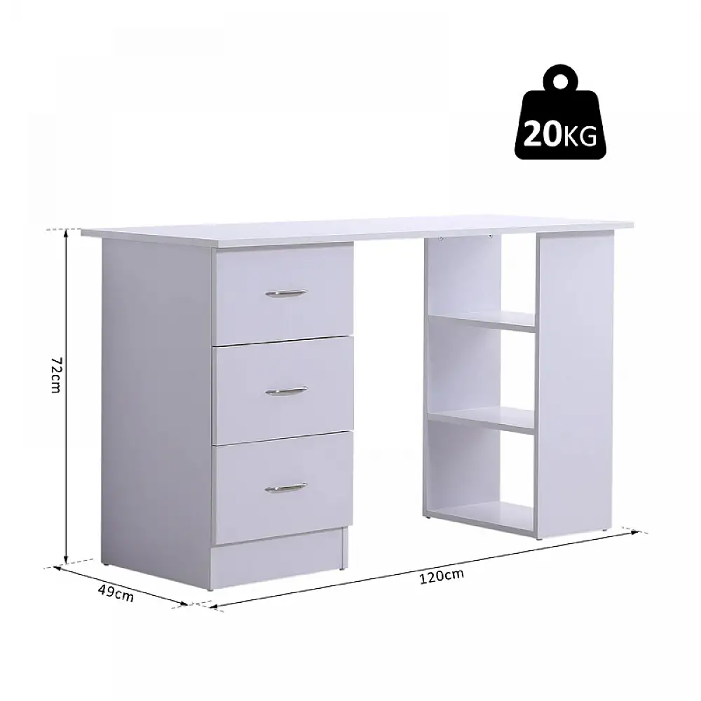 Ξύλινο Γραφείο με 3 Συρτάρια και 3 Ράφια 120 x 49 x 72 cm Χρώματος Λευκό HOMCOM 836-068WT