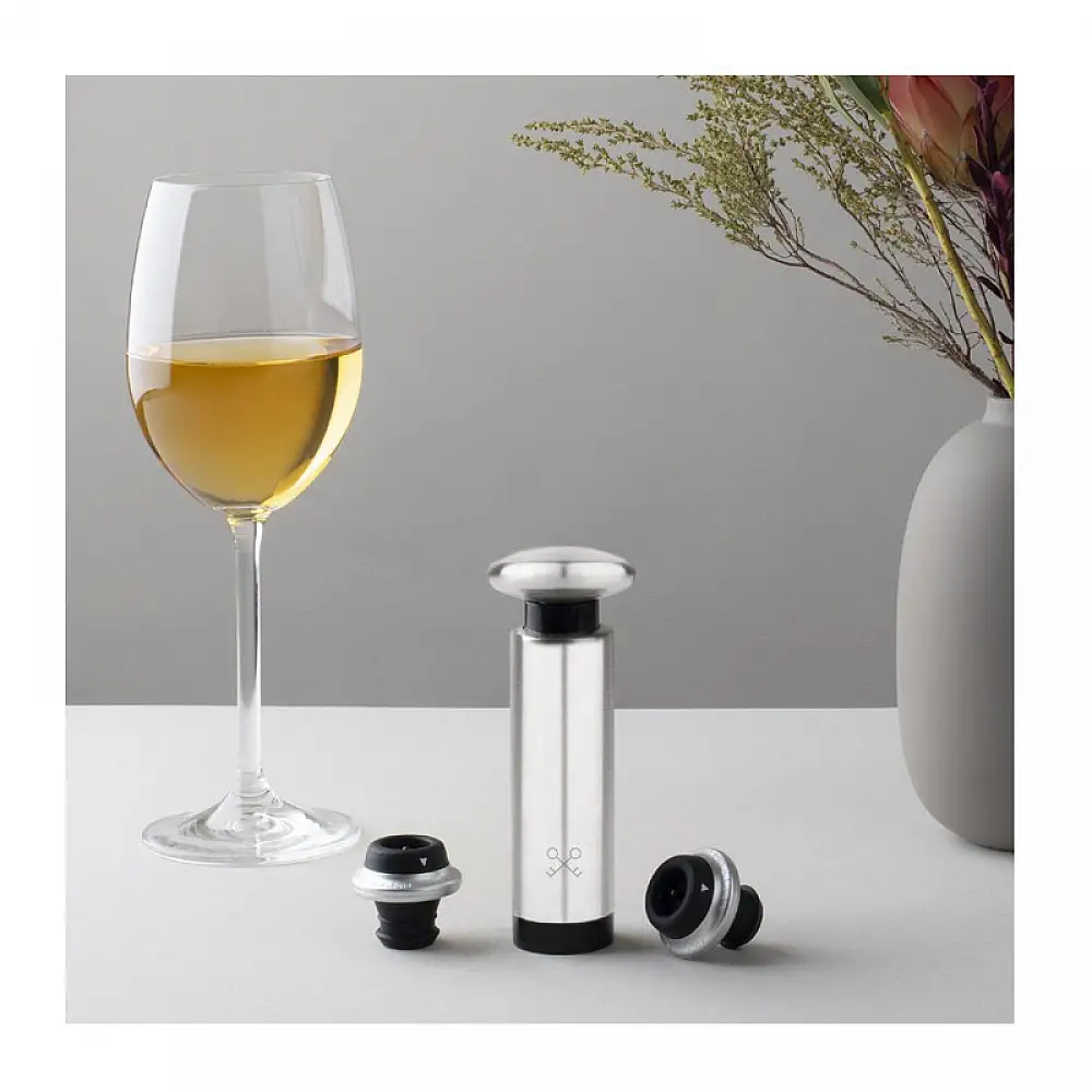 Σετ Χειροκίνητη Αντλία Αέρος Κρασιού από Ανοξείδωτο Ατσάλι με 4 Πώματα Les Petits Champs WOM440