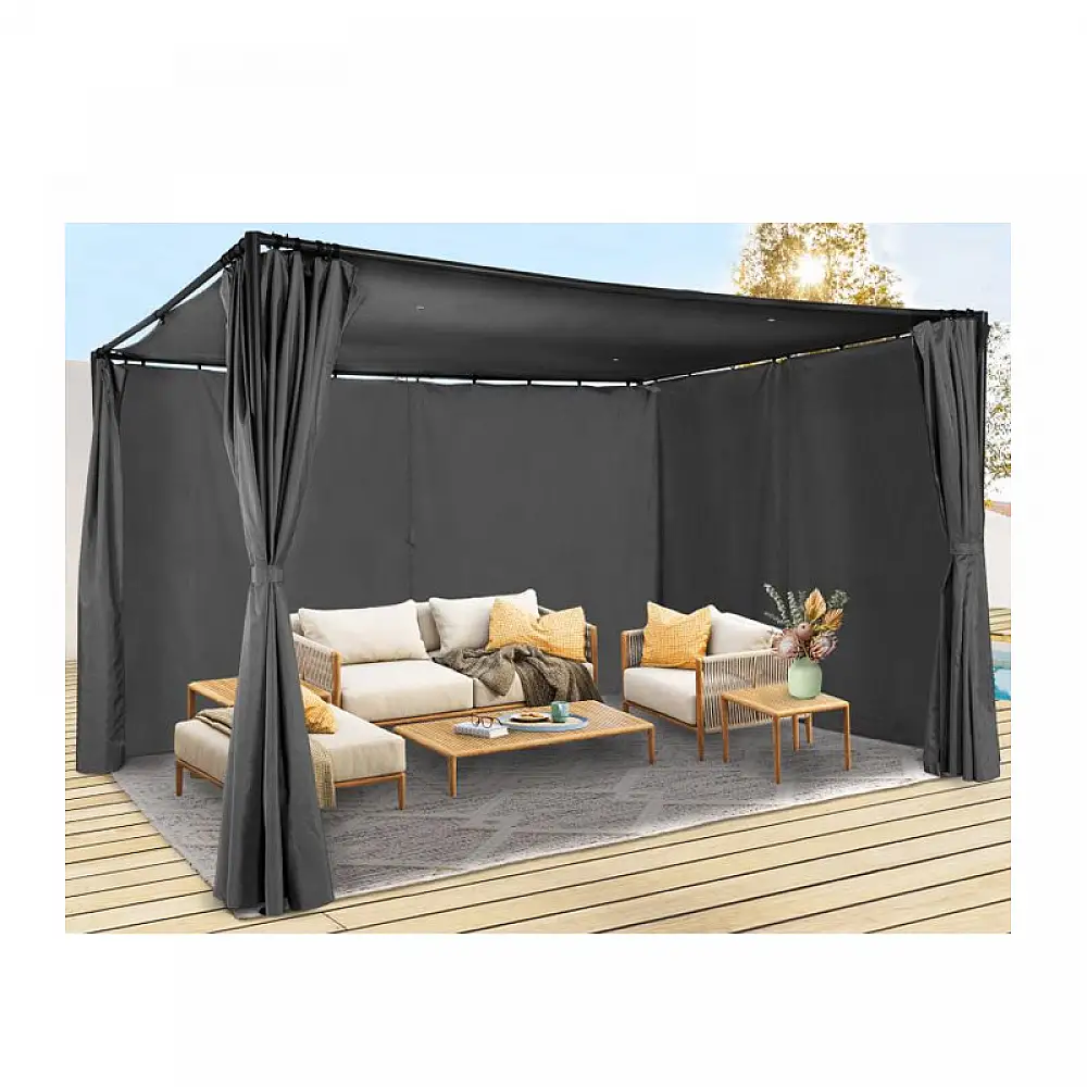 Μεταλλική Πέργκολα Κήπου με Υφασμάτινη Οροφή και Κουρτίνες 3 x 3 x 2.2 m Χρώματος Γκρι Santa Cruz Inkazen 40031293
