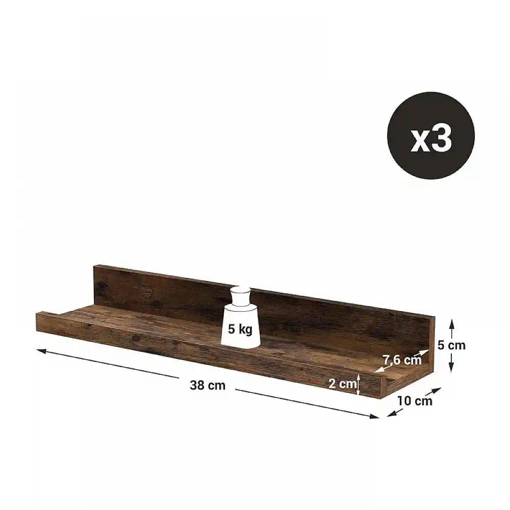 Σετ Επιτοίχια Ξύλινα Ράφια 38 x 10 x 5 cm 3 τμχ VASAGLE LWS037X01
