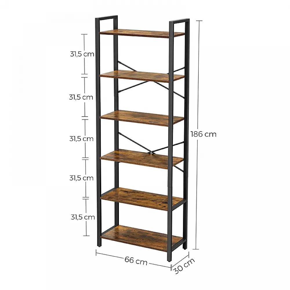 Μεταλλική Βιβλιοθήκη με 6 Ξύλινα Ράφια 66 x 30 x 186 cm VASAGLE LLS062B01