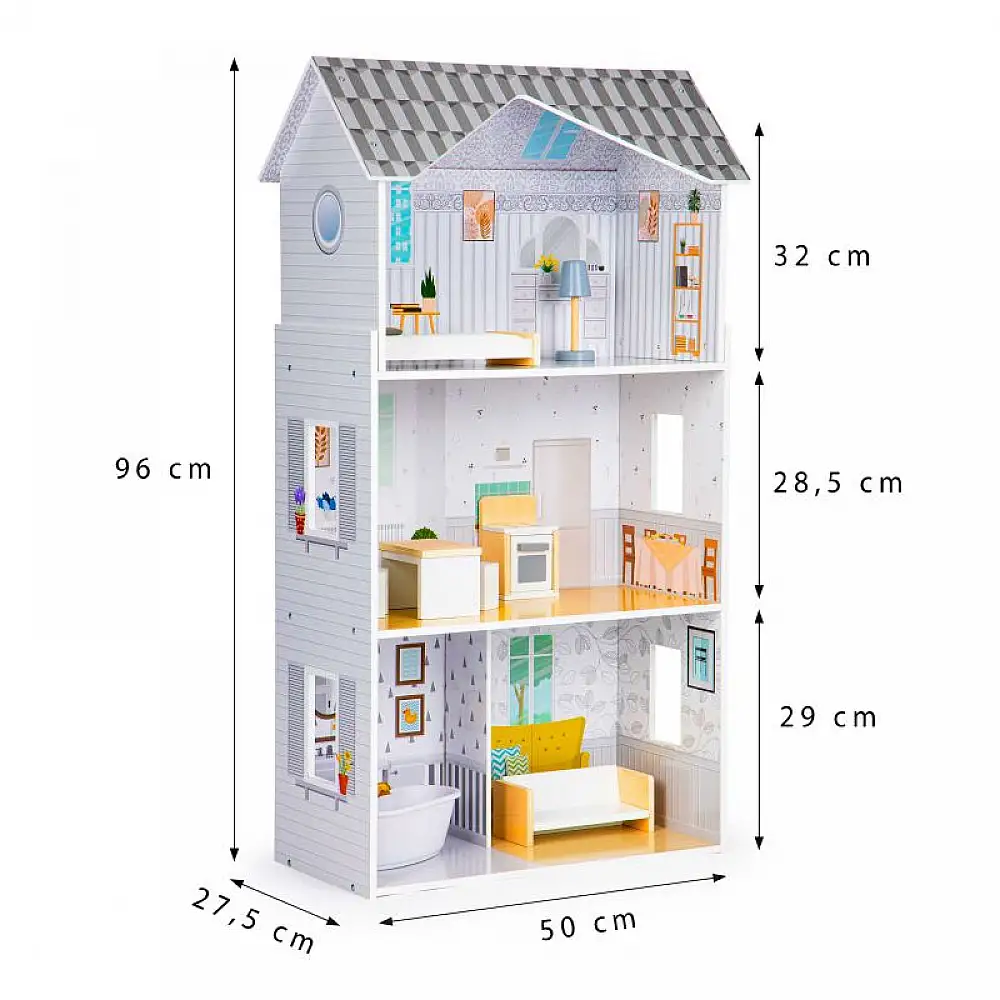 Ξύλινο Παιδικό Κουκλόσπιτο 3 Ορόφων με 9 Έπιπλα 50 x 27.5 x 96 cm Grace Ecotoys 8210