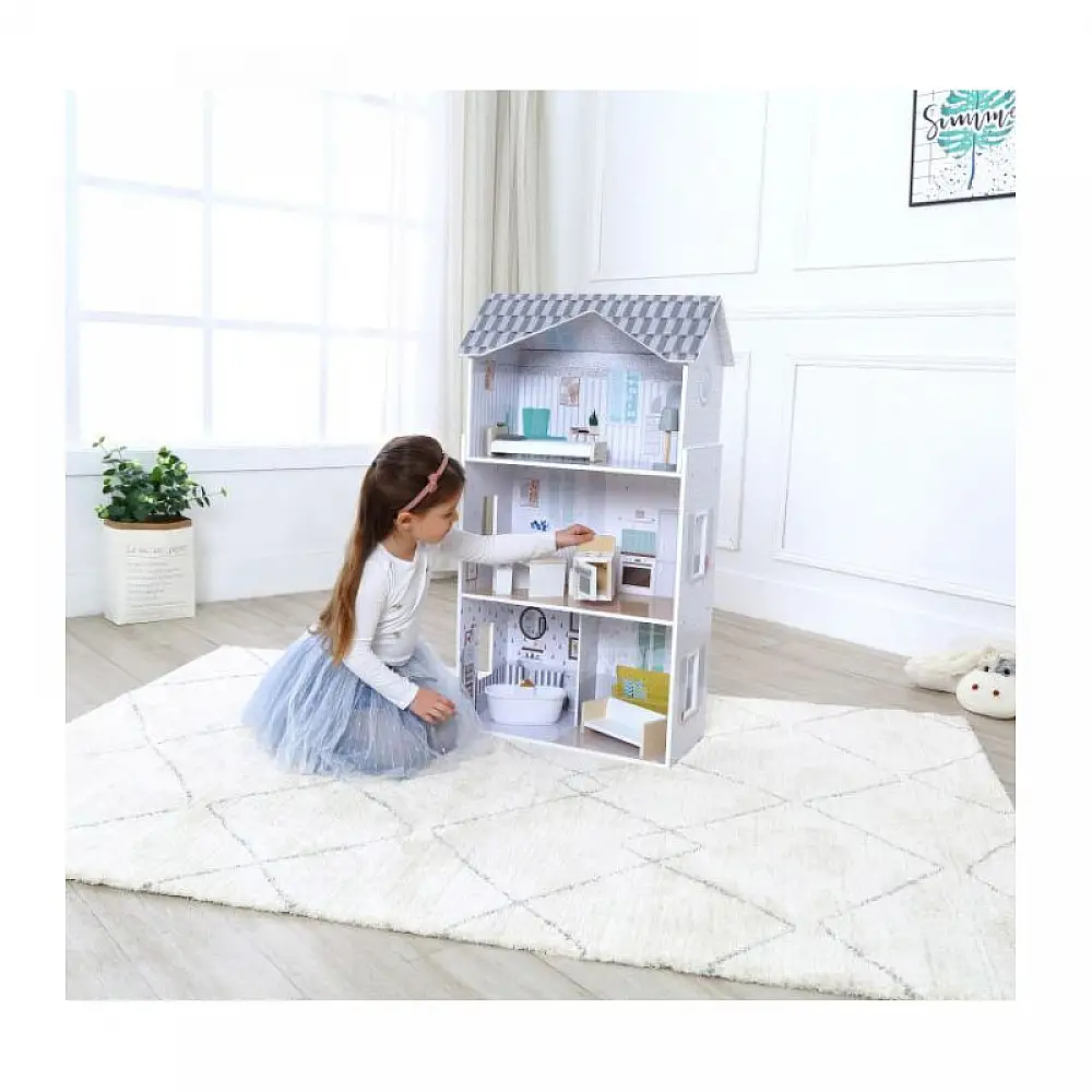 Ξύλινο Παιδικό Κουκλόσπιτο 3 Ορόφων με 9 Έπιπλα 50 x 27.5 x 96 cm Grace Ecotoys 8210