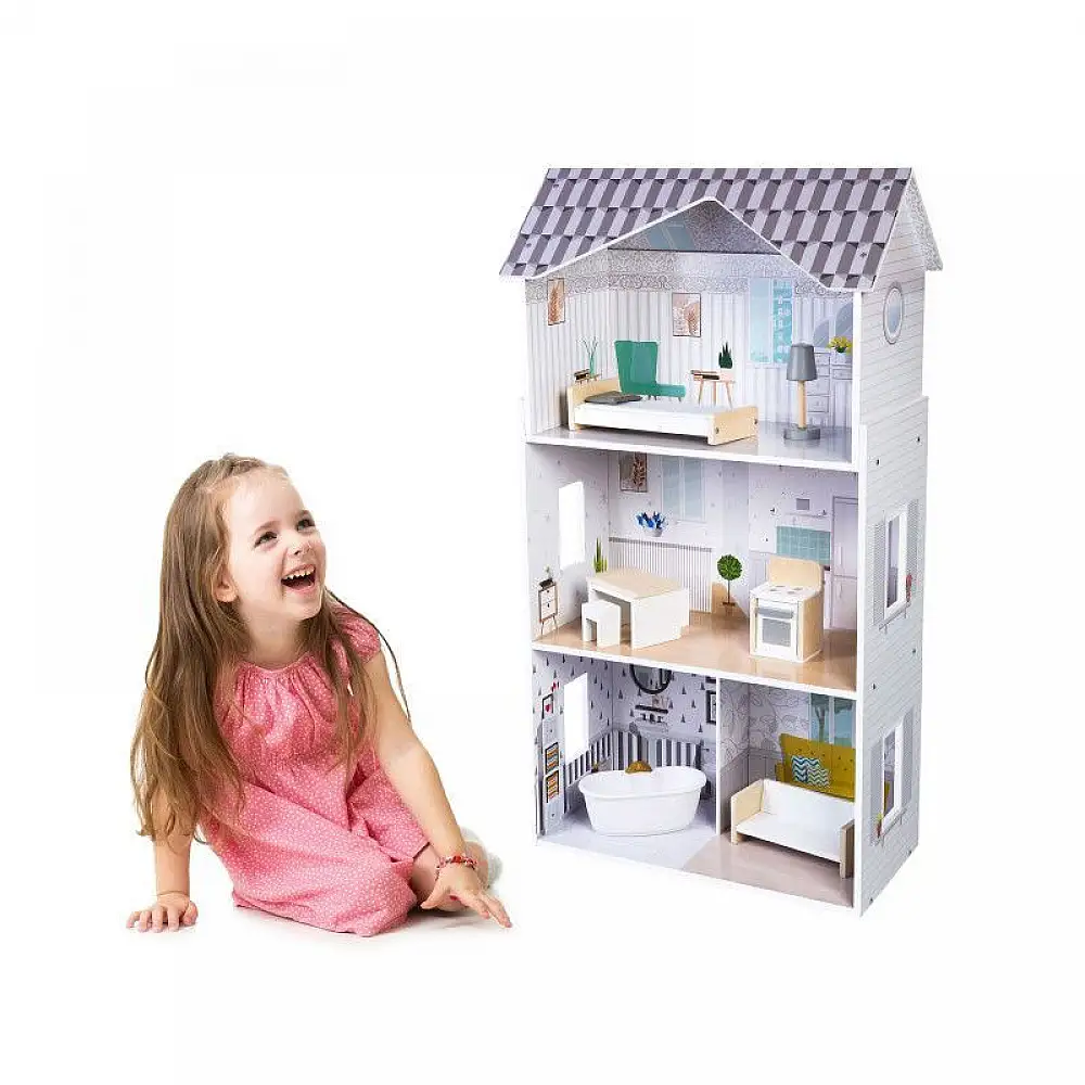 Ξύλινο Παιδικό Κουκλόσπιτο 3 Ορόφων με 9 Έπιπλα 50 x 27.5 x 96 cm Grace Ecotoys 8210