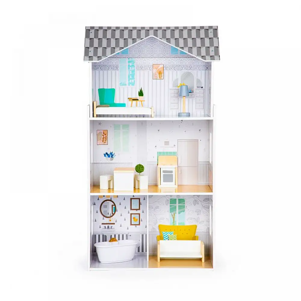 Ξύλινο Παιδικό Κουκλόσπιτο 3 Ορόφων με 9 Έπιπλα 50 x 27.5 x 96 cm Grace Ecotoys 8210