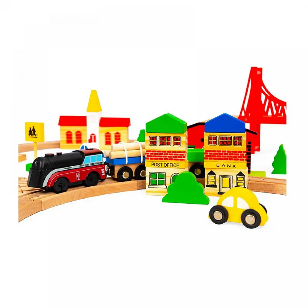 Σετ Ξύλινος Σιδηροδρομικός Σταθμός με Αυτοκινούμενο Τρένο Μπαταρίας 90 τμχ Ecotoys HM014665