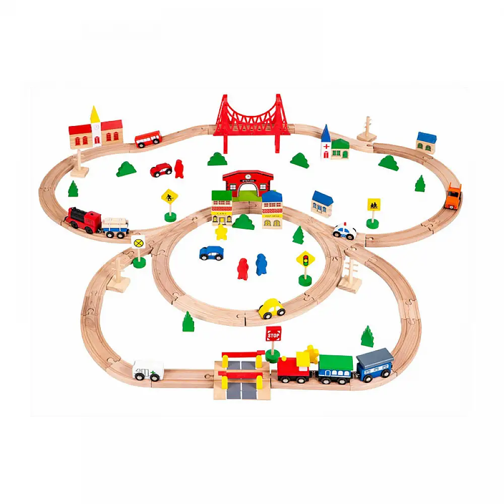 Σετ Ξύλινος Σιδηροδρομικός Σταθμός με Αυτοκινούμενο Τρένο Μπαταρίας 90 τμχ Ecotoys HM014665