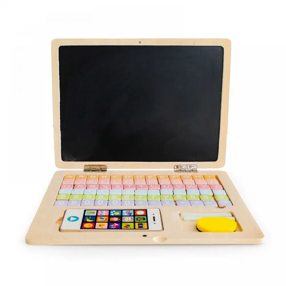Ξύλινο Εκπαιδευτικό Παιδικό Μαγνητικό Laptop με Αξεσουάρ Χρώματος Καφέ Ανοιχτό Ecotoys G068-ECO_STANDART