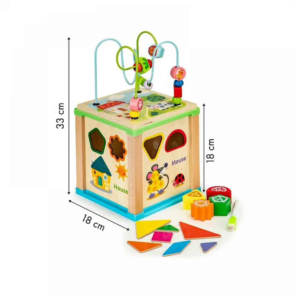 Ξύλινος Εκπαιδευτικός Παιδικός Κύβος Δραστηριοτήτων με Πίνακα 15 x 18 x 18 x 33 cm Ecotoys HM015470