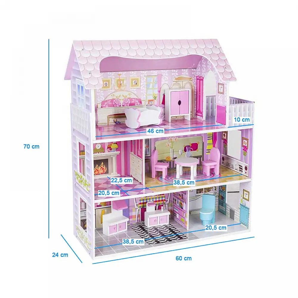 Ξύλινο Κουκλόσπιτο με 3 Ορόφους και Αξεσουάρ 60 x 24 x 70 cm Hoppline HOP1001362