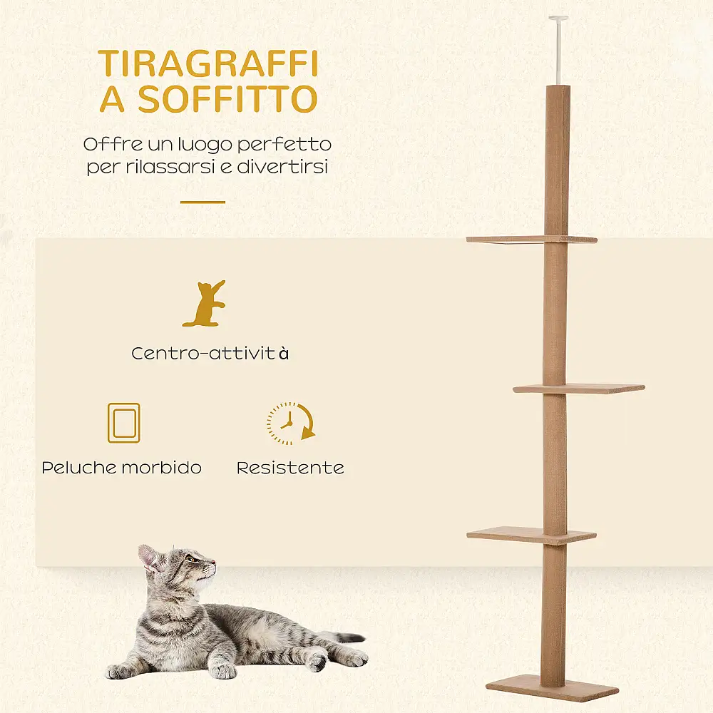 PawHut 4-Level Cat Scratching Post Tree, Ρυθμιζόμενη στερέωση οροφής, 43x27x228-260cm D30-296V02BN