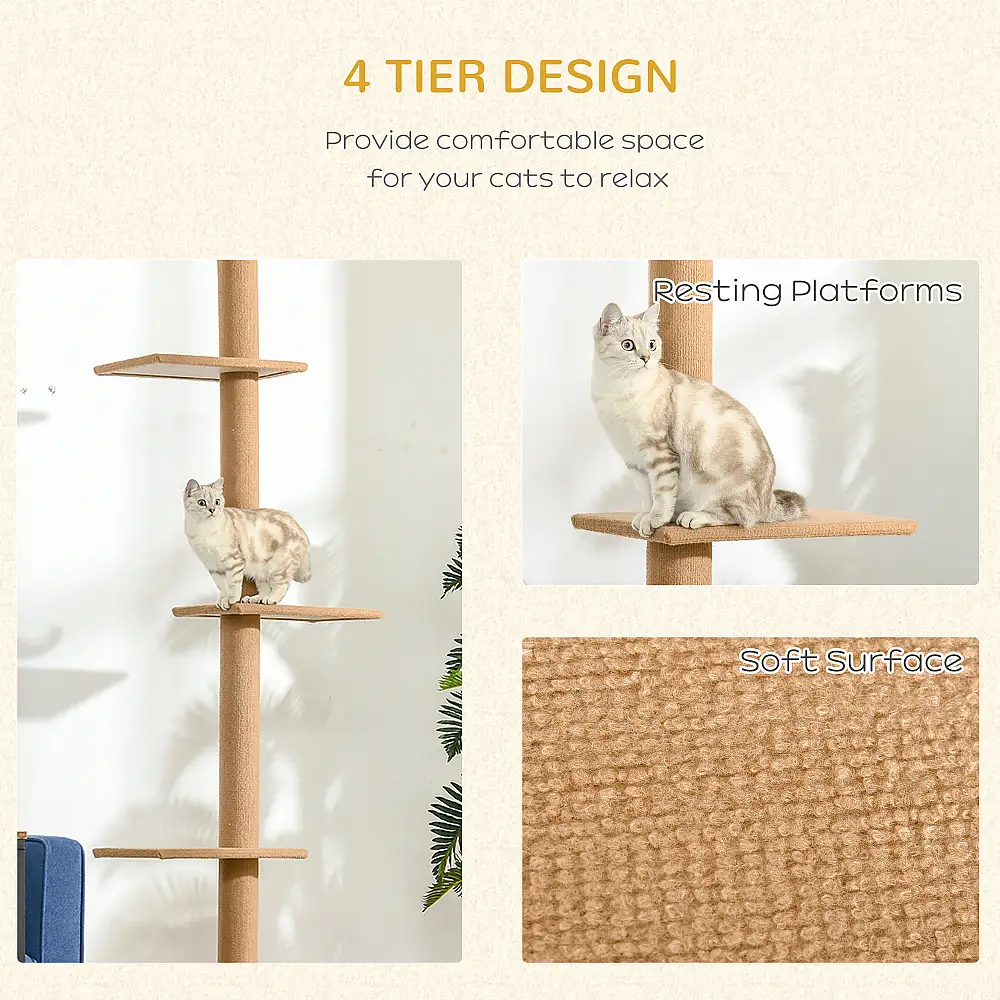PawHut 4-Level Cat Scratching Post Tree, Ρυθμιζόμενη στερέωση οροφής, 43x27x228-260cm D30-296V02BN
