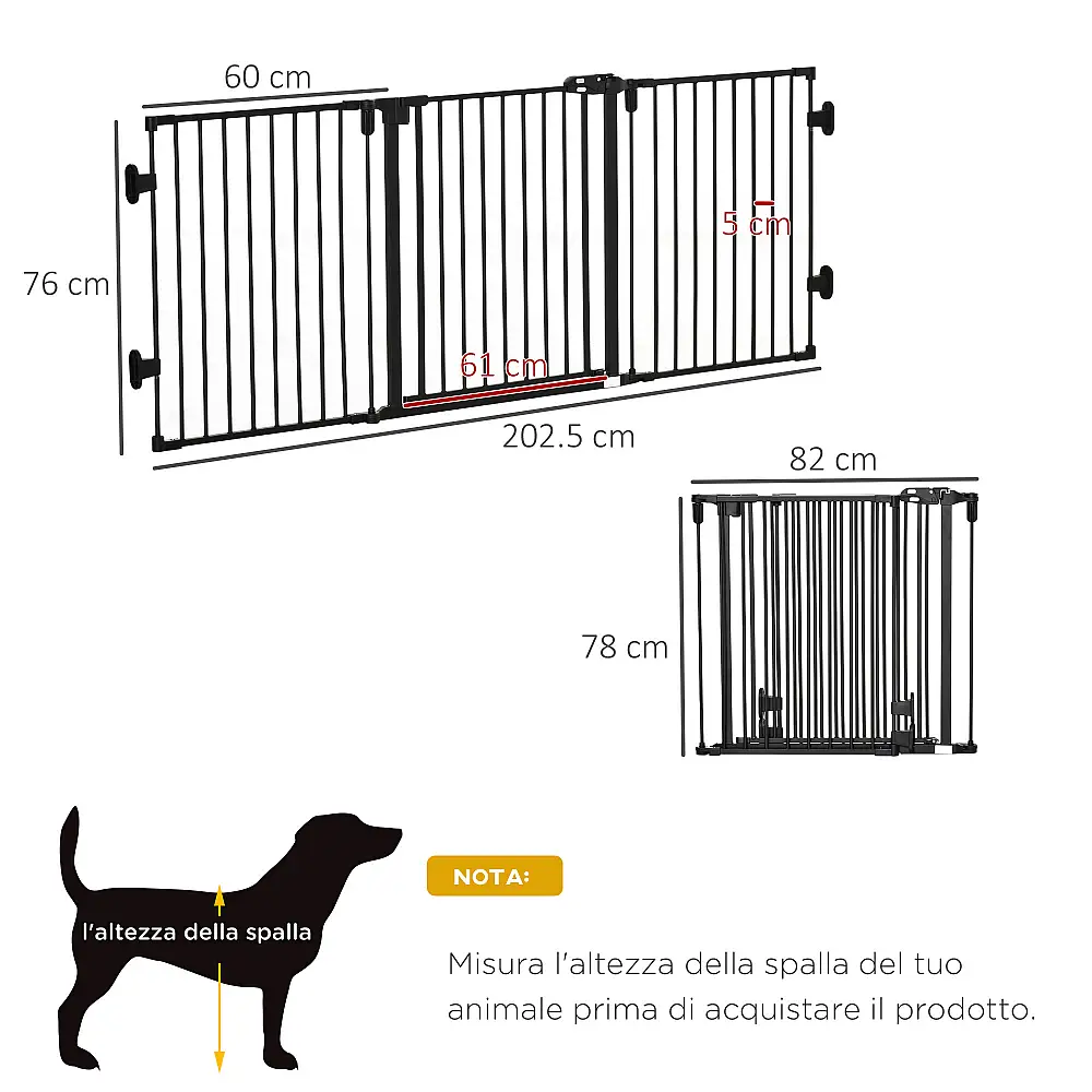 Πτυσσόμενη ατσάλινη πύλη ασφαλείας PawHut, φράγμα σκύλου με σύστημα αυτόματου κλεισίματος και κλειδώματος - Μαύρο D06-125BK
