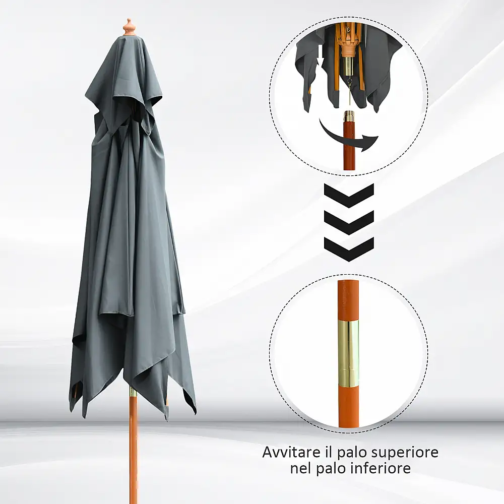 Ομπρέλα Outsunny Garden 3x3m με 8 μπαστούνια μπαμπού και κάλυμμα αντηλιακού 2 επιπέδων, γκρι 840-026CG