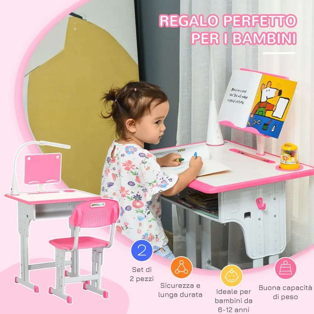 HOMCOM Σχολικό Γραφείο με Καρέκλα για Παιδιά 6-12 ετών Ρυθμιζόμενο ύψος Αναλόγιο και Στυλόθήκη - Ροζ 312-061PK HOMCOM Σχολικό Γραφείο με Καρέκλα για Παιδιά 6-12 ετών Ρυθμιζόμενο ύψος Αναλόγιο και Στυλόθήκη - Ροζ 312-061PK