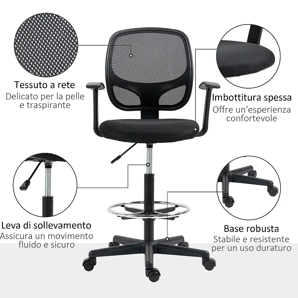 Καρέκλα γραφείου Vinsetto με ρυθμιζόμενο ύψος με μπράτσα, ρόδες και επενδυμένο κάθισμα, 60x56x110-132 cm, Μαύρο 921-598