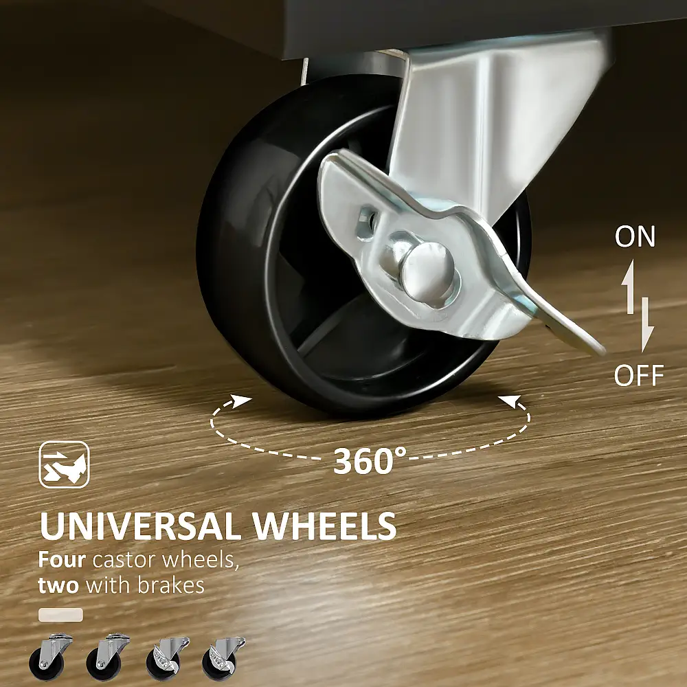 Ξύλινο τρόλεϊ κουζίνας HOMCOM πολλαπλών χρήσεων με 2 συρτάρια, ντουλάπι και 4 ρόδες, 104x46x91cm, Μαύρο 801-203V00BK