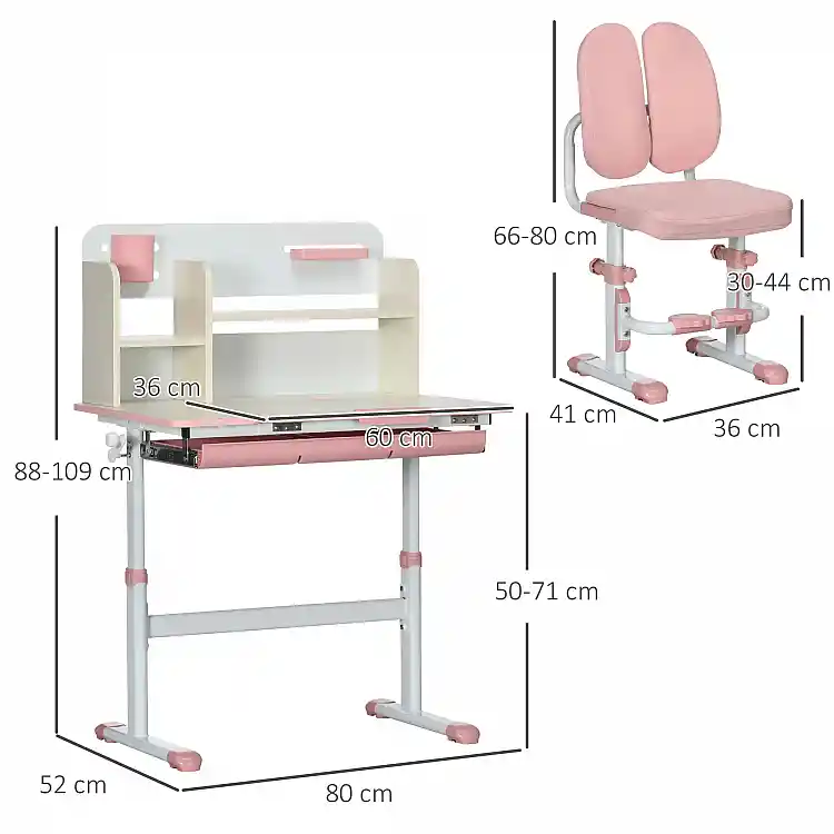 Σετ Σχολικό Μεταλλικό Γραφείο 80 x 52 x 88-109 cm με Καρέκλα 2 τμχ Χρώματος Ροζ HOMCOM 312-088V00PK