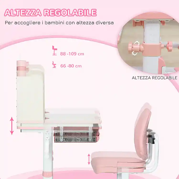 Σετ Σχολικό Μεταλλικό Γραφείο 80 x 52 x 88-109 cm με Καρέκλα 2 τμχ Χρώματος Ροζ HOMCOM 312-088V00PK