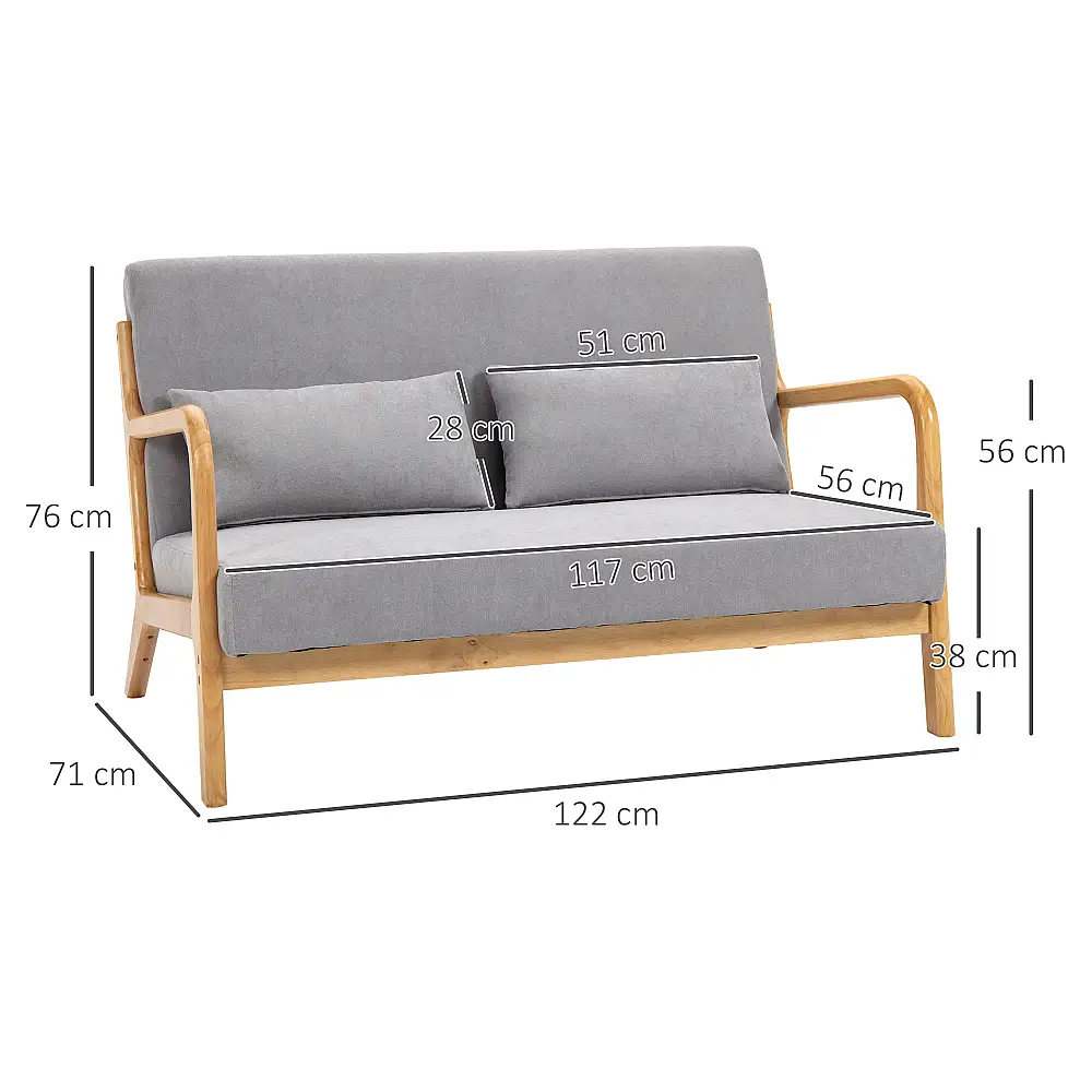 HOMCOM Μοντέρνος 2θέσιος Ξύλινος Καναπές με Μαξιλάρια, Επενδυμένο Κάθισμα και Ύφασμα Velvet Effect, 122x71x76 cm, Γκρι 839-597V00GY