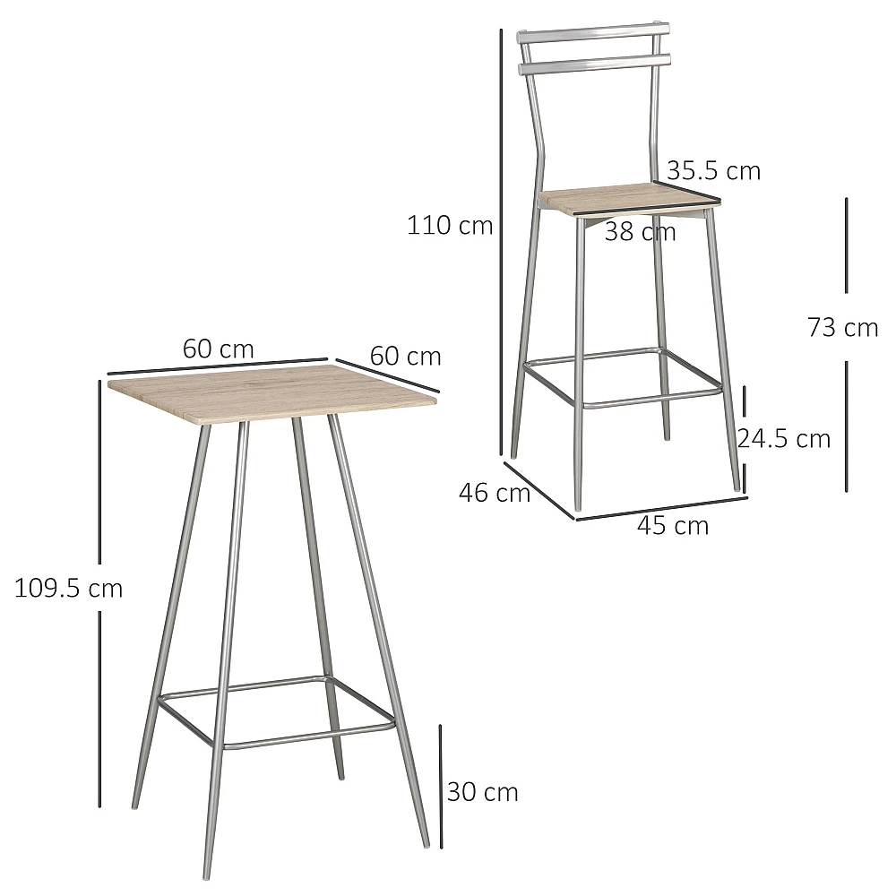 Σετ Μεταλλικό Τετράγωνο Τραπέζι - Bar 60 x 60 x 109.5 cm με 2 Σκαμπό HOMCOM 835-632SR