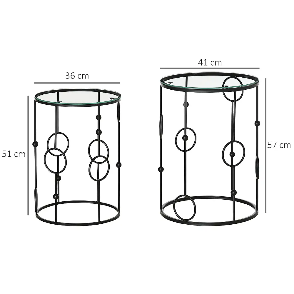 HOMCOM Σετ 2 Στοιβαζόμενα Τραπεζάκια Σαλονιού από μέταλλο και σκληρυμένο γυαλί Ø41x57cm και Ø36x51cm, Μαύρο 833-674V00BK