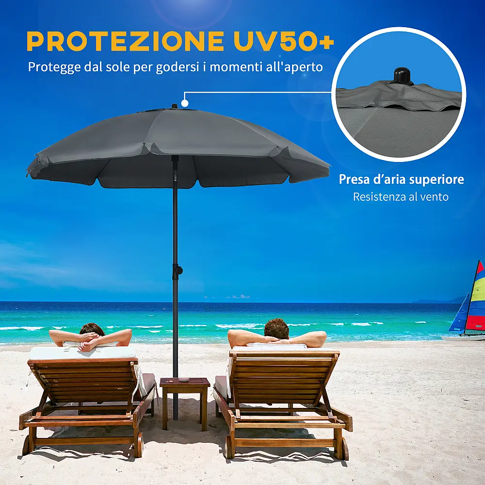 Outsunny Beach Parasol από πολυεστέρα και ατσάλι με ανακλινόμενο κουβούκλιο 45°, Ø180x209 cm, Γκρι 84D-221V00CG Outsunny Beach Parasol από πολυεστέρα και ατσάλι με ανακλινόμενο κουβούκλιο 45°, Ø180x209 cm, Γκρι 84D-221V00CG
