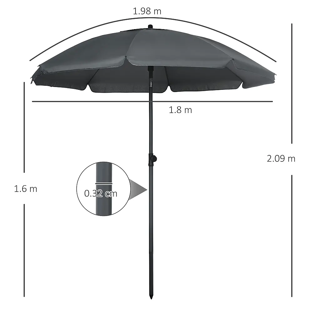 Outsunny Beach Parasol από πολυεστέρα και ατσάλι με ανακλινόμενο κουβούκλιο 45°, Ø180x209 cm, Γκρι 84D-221V00CG Outsunny Beach Parasol από πολυεστέρα και ατσάλι με ανακλινόμενο κουβούκλιο 45°, Ø180x209 cm, Γκρι 84D-221V00CG