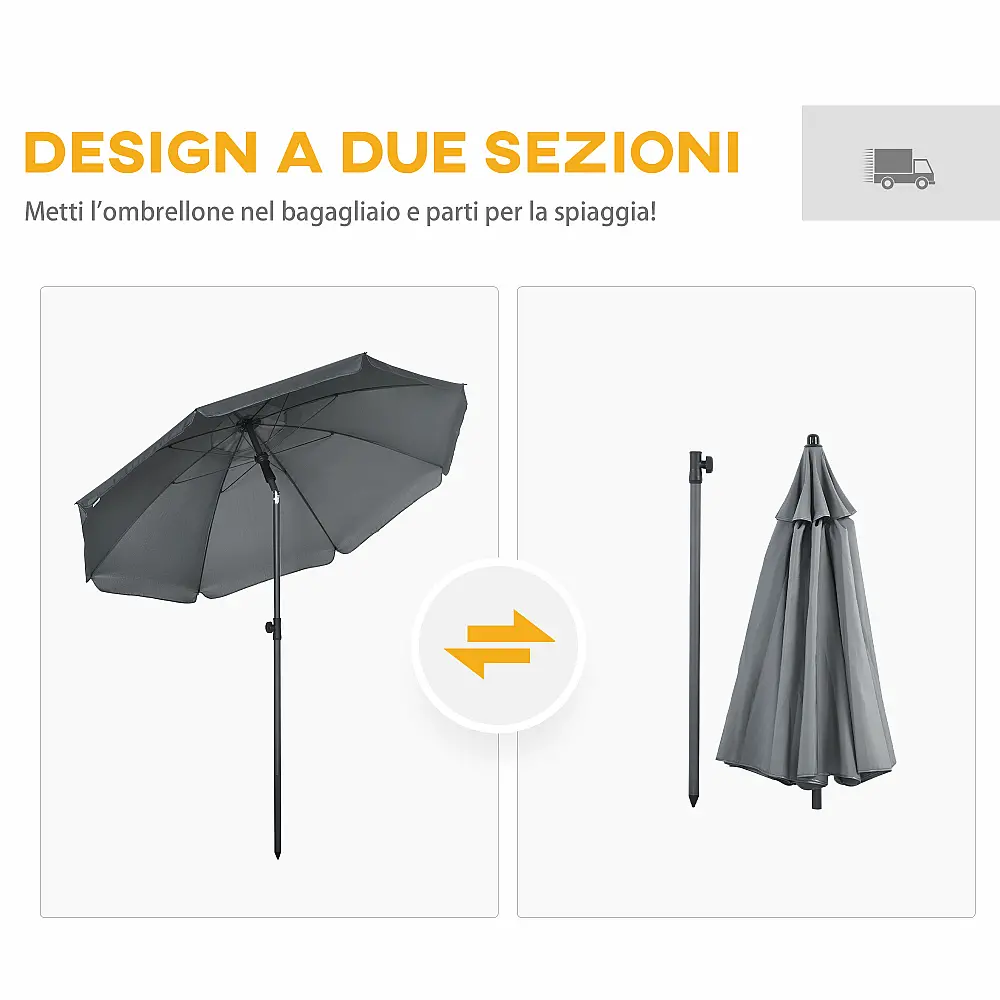 Outsunny Beach Parasol από πολυεστέρα και ατσάλι με ανακλινόμενο κουβούκλιο 45°, Ø180x209 cm, Γκρι 84D-221V00CG Outsunny Beach Parasol από πολυεστέρα και ατσάλι με ανακλινόμενο κουβούκλιο 45°, Ø180x209 cm, Γκρι 84D-221V00CG