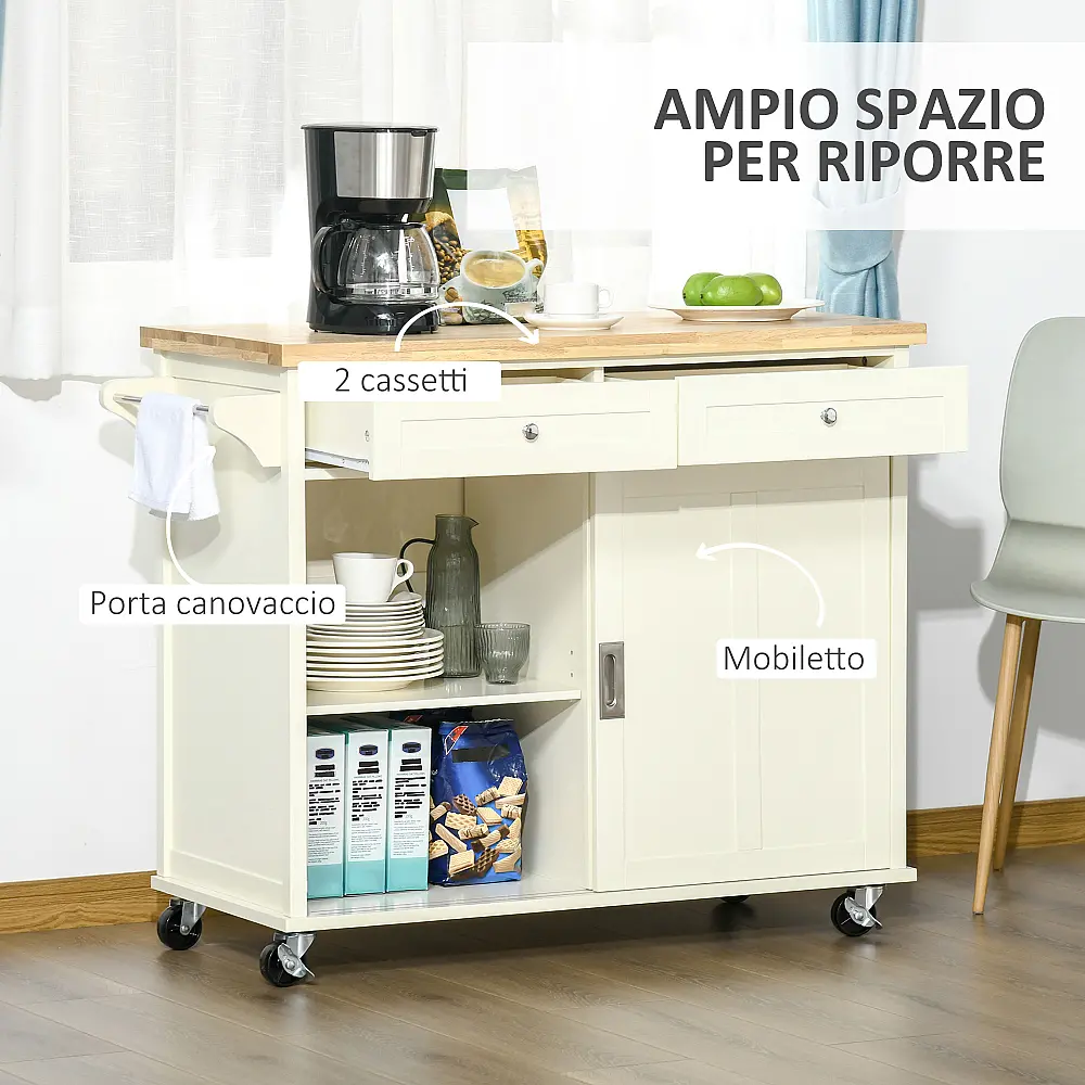 HOMCOM Kitchen Island για σκεύη και αξεσουάρ με συρτάρια, ντουλάπι και κρεμάστρα για πετσέτες, 110x49,5x89,5 cm, Λευκό 801-171 HOMCOM Kitchen Island για σκεύη και αξεσουάρ με συρτάρια, ντουλάπι και κρεμάστρα για πετσέτες, 110x49,5x89,5 cm, Λευκό 801-171