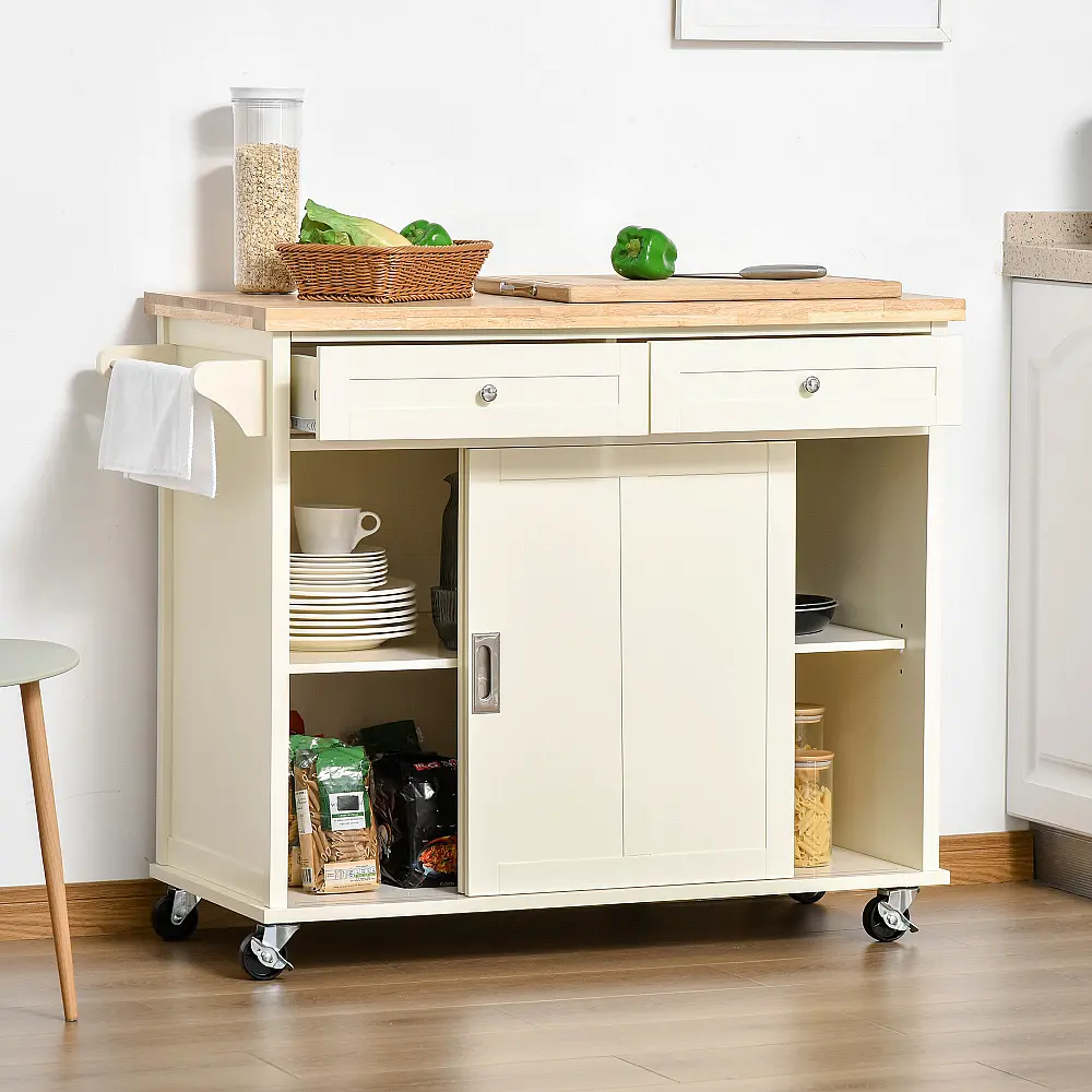 HOMCOM Kitchen Island για σκεύη και αξεσουάρ με συρτάρια, ντουλάπι και κρεμάστρα για πετσέτες, 110x49,5x89,5 cm, Λευκό 801-171 HOMCOM Kitchen Island για σκεύη και αξεσουάρ με συρτάρια, ντουλάπι και κρεμάστρα για πετσέτες, 110x49,5x89,5 cm, Λευκό 801-171