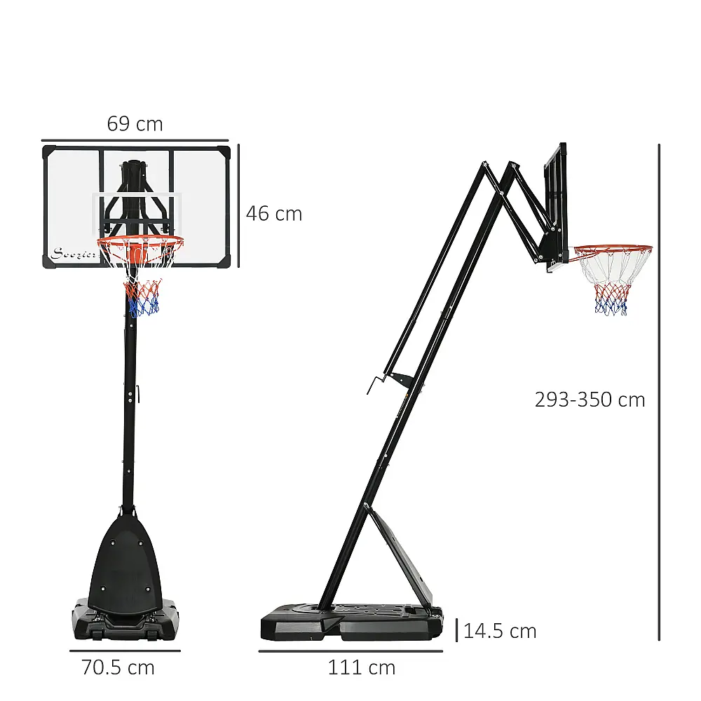 SPORTNOW Ατσάλινο στεφάνι μπάσκετ, ρυθμιζόμενο σε ύψος και φορητό με σανίδα και ρόδες, 107x70cm, μαύρο και κόκκινο A61-045V00BK