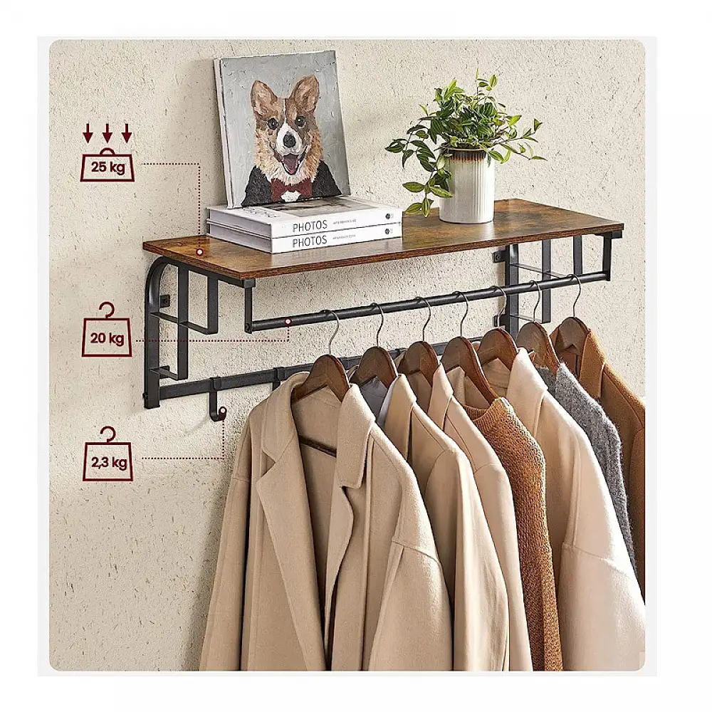 Επιτοίχια Μεταλλική Κρεμάστρα με 5 Γάντζους και 1 Ράφι 80 x 30 x 27 cm VASAGLE LCR102B01