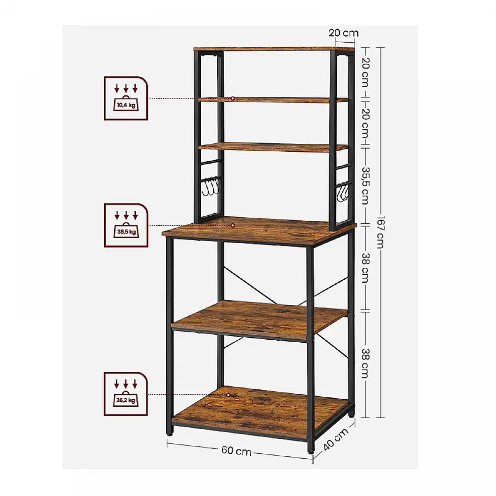 Μεταλλική Ραφιέρα Κουζίνας με 6 Ξύλινα Ράφια 40 x 60 x 167 cm VASAGLE KKS024B01